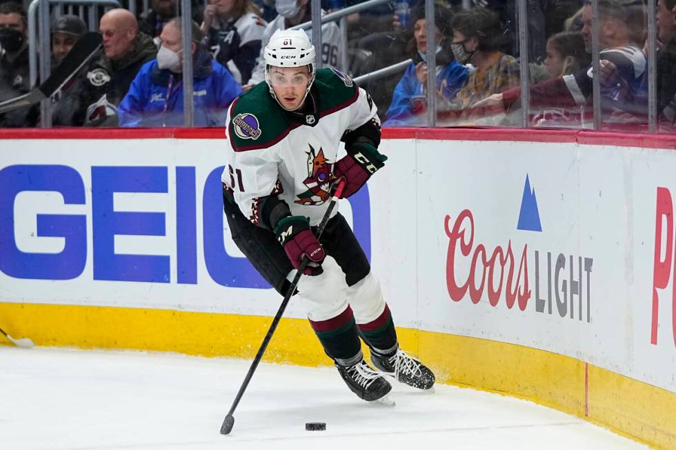 Arizona Coyotes defenseman Dysin Mayo (61) skates against the Colorado Avalanche during the fir ...