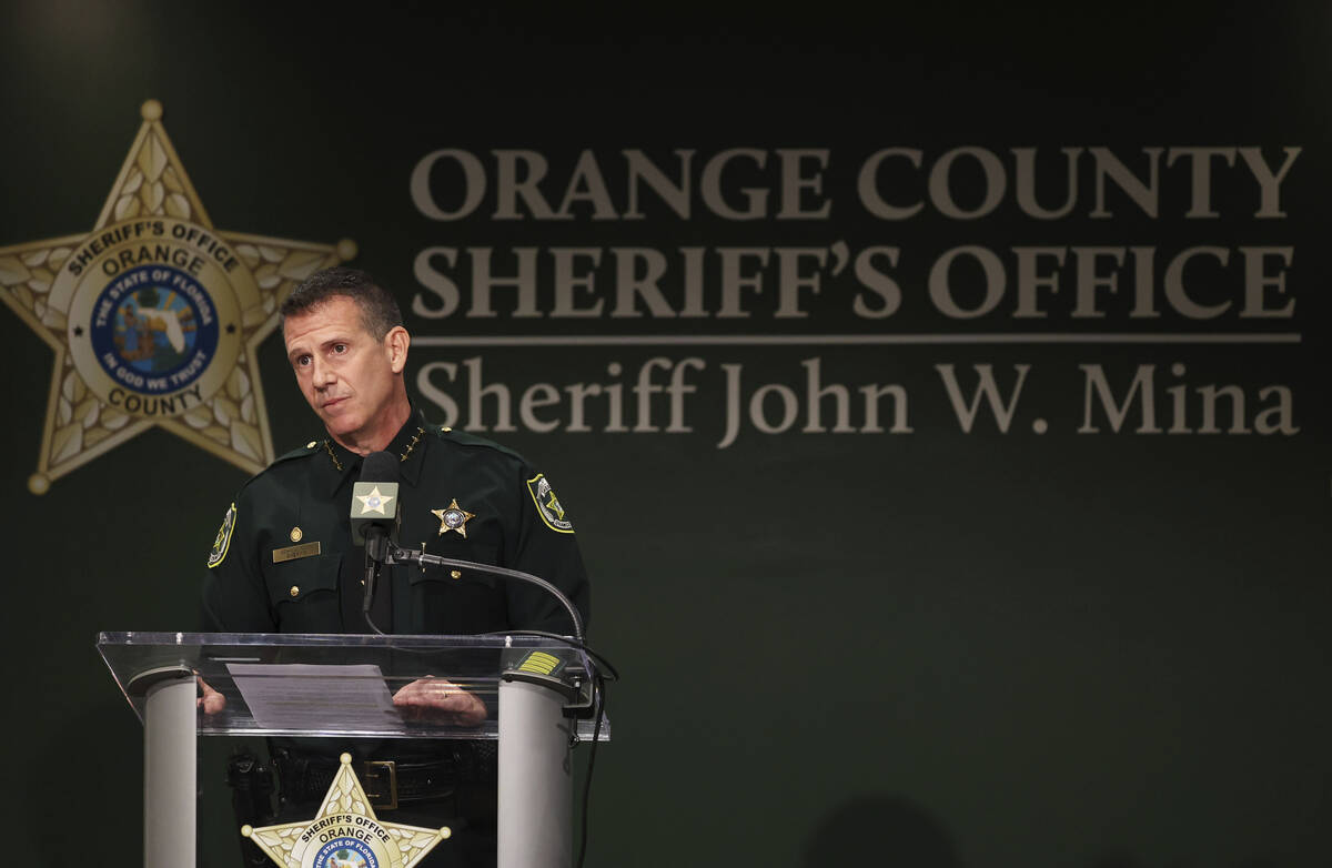 Orange County Sheriff John Mina addresses the media during a press conference about multiple sh ...