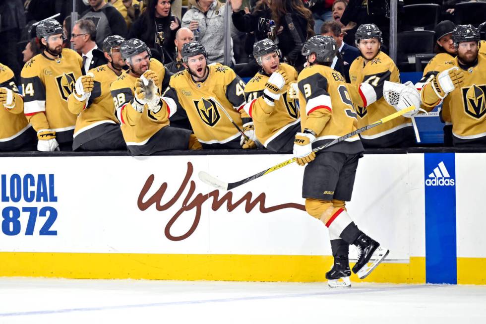 Vegas Golden Knights center Jack Eichel (9) celebrates after scoring against the Calgary Flames ...