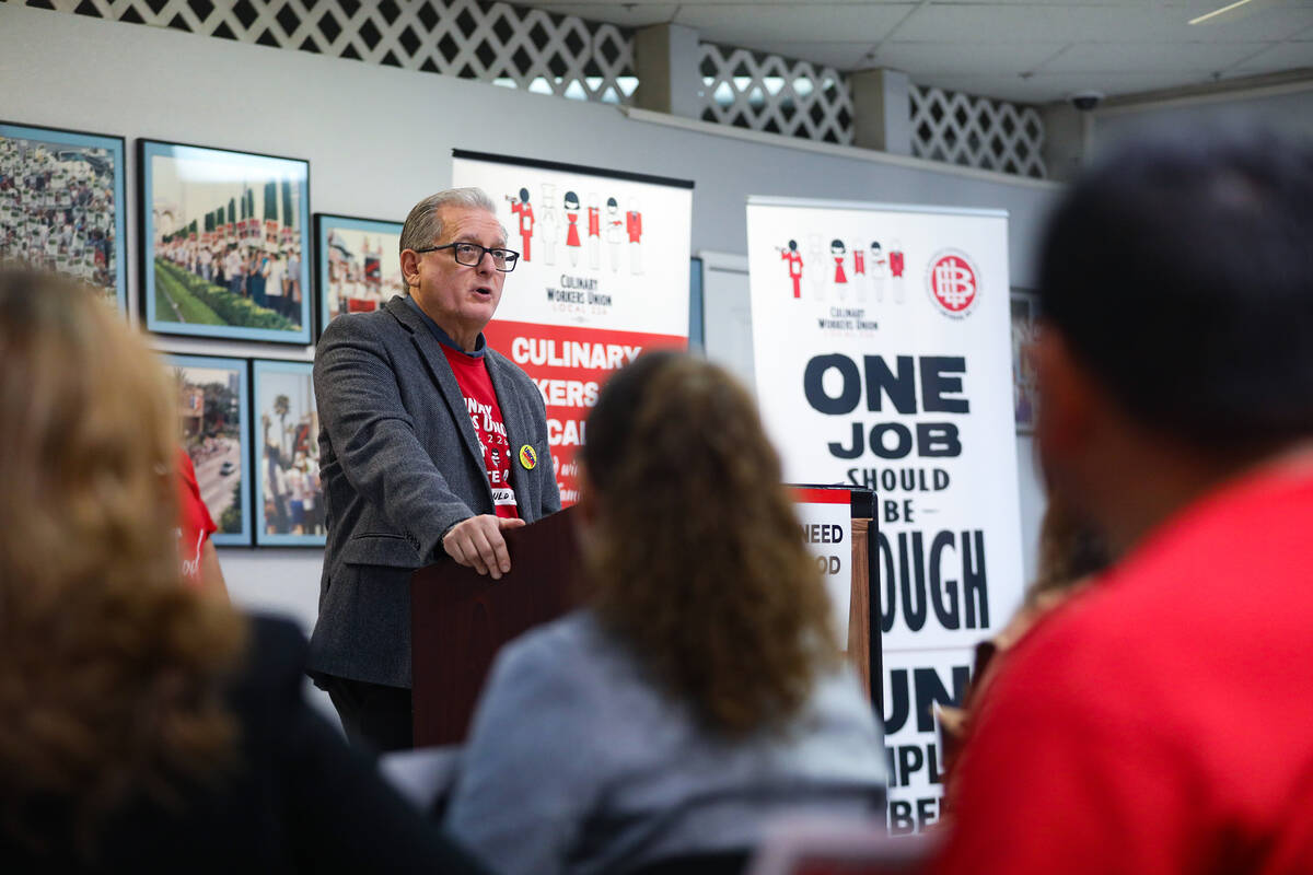 Ted Pappageorge, secretary-treasurer of Culinary Local 226, addresses media and union members a ...