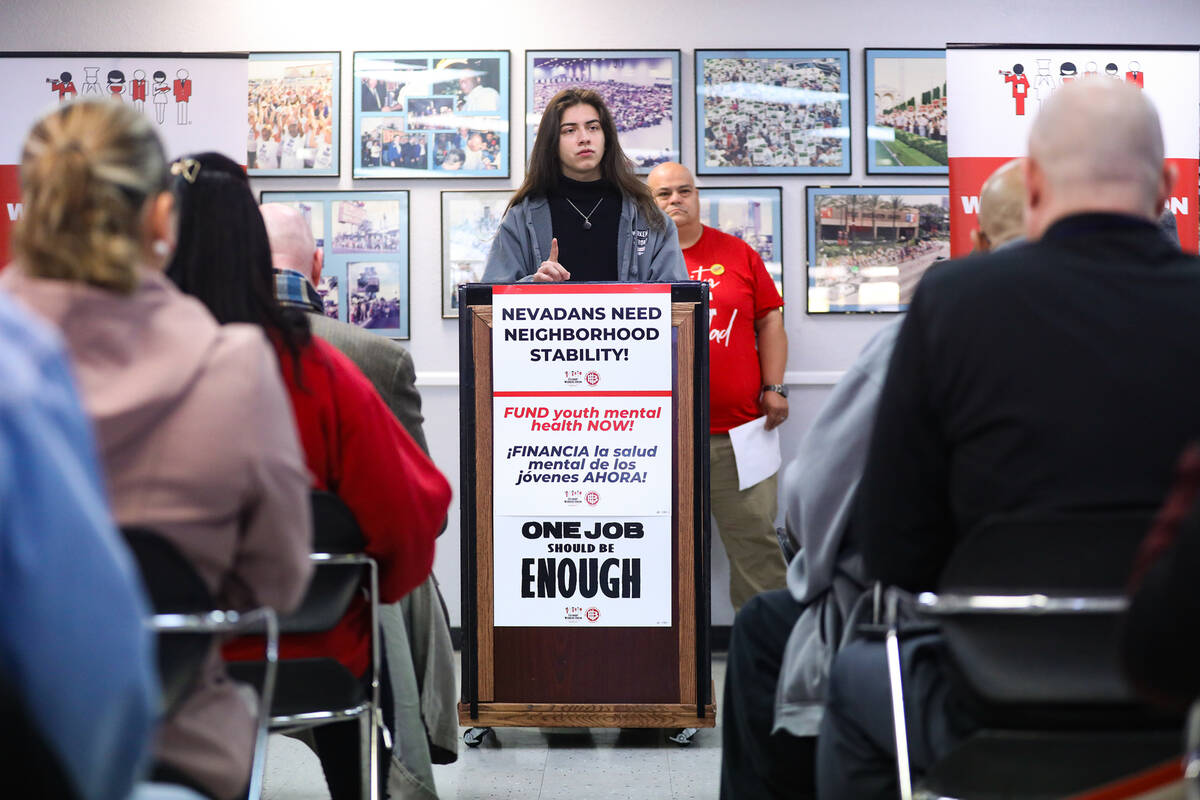 Ivan Lopez, a Culinary Local 226 member who works as a porter on the Las Vegas Strip, addresses ...