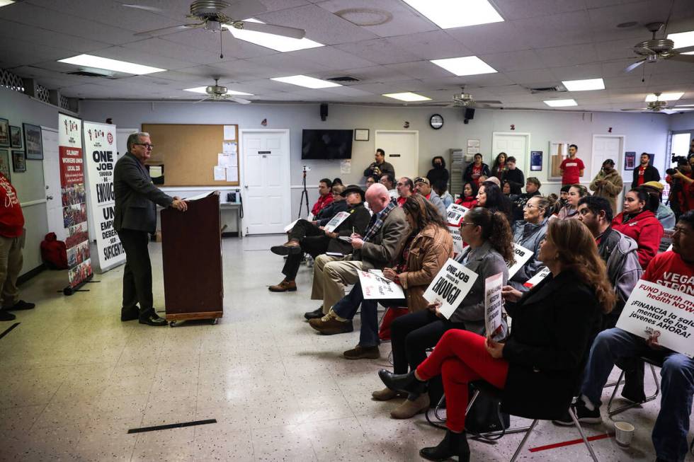 Ted Pappageorge, secretary-treasurer of Culinary Local 226, addresses media and union members a ...