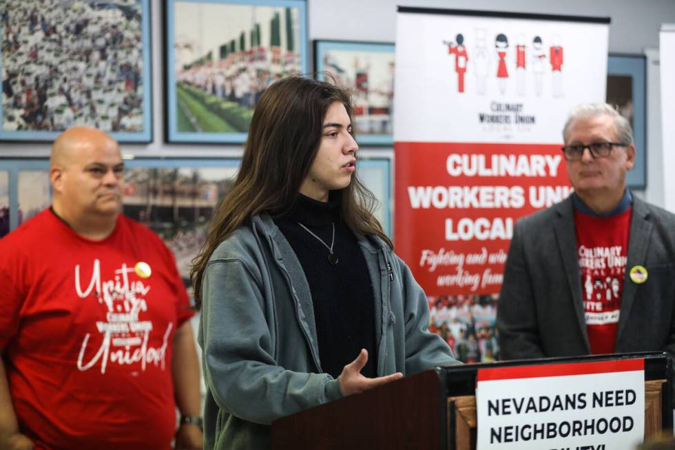 Ivan Lopez, a Culinary Local 226 member who works as a porter on the Las Vegas Strip, addresses ...