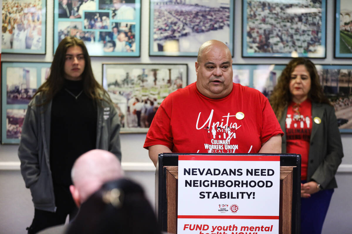 Carlos Padilla, a Culinary Local 226 member, speaks about his struggles paying rent at a press ...