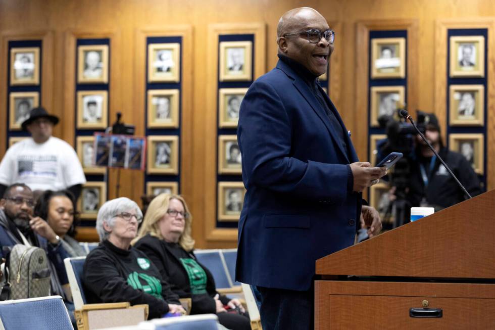 Robert Bush, president of the Las Vegas chapter of the National Action Network, speaks to the C ...