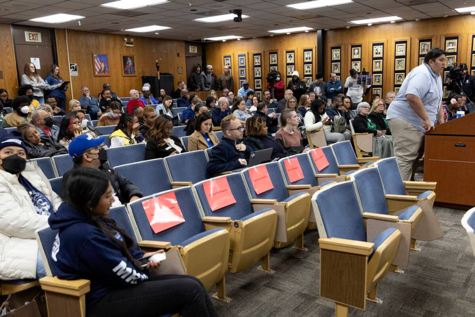 Shaun Navarro speaks to the Clark County School District Board of Trustees during a school boar ...