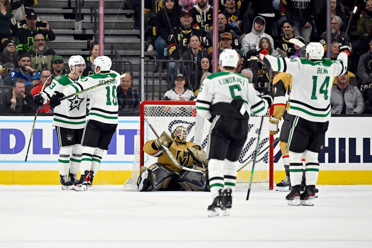 Dallas Stars center Wyatt Johnston, left, celebrates with center Ty Dellandrea (10) after scori ...