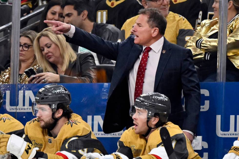 Vegas Golden Knights coach Bruce Cassidy, top right, shouts during the second period of an NHL ...