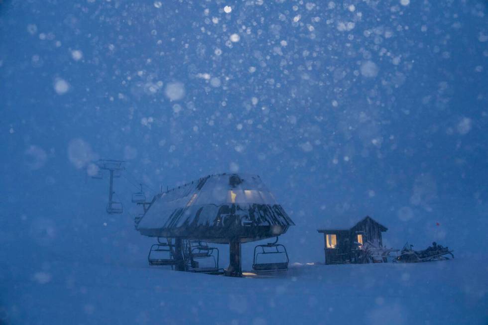In this image provided by Mammoth Mountain, snow falls at Mammoth Mountain, Friday, Feb. 24, 20 ...