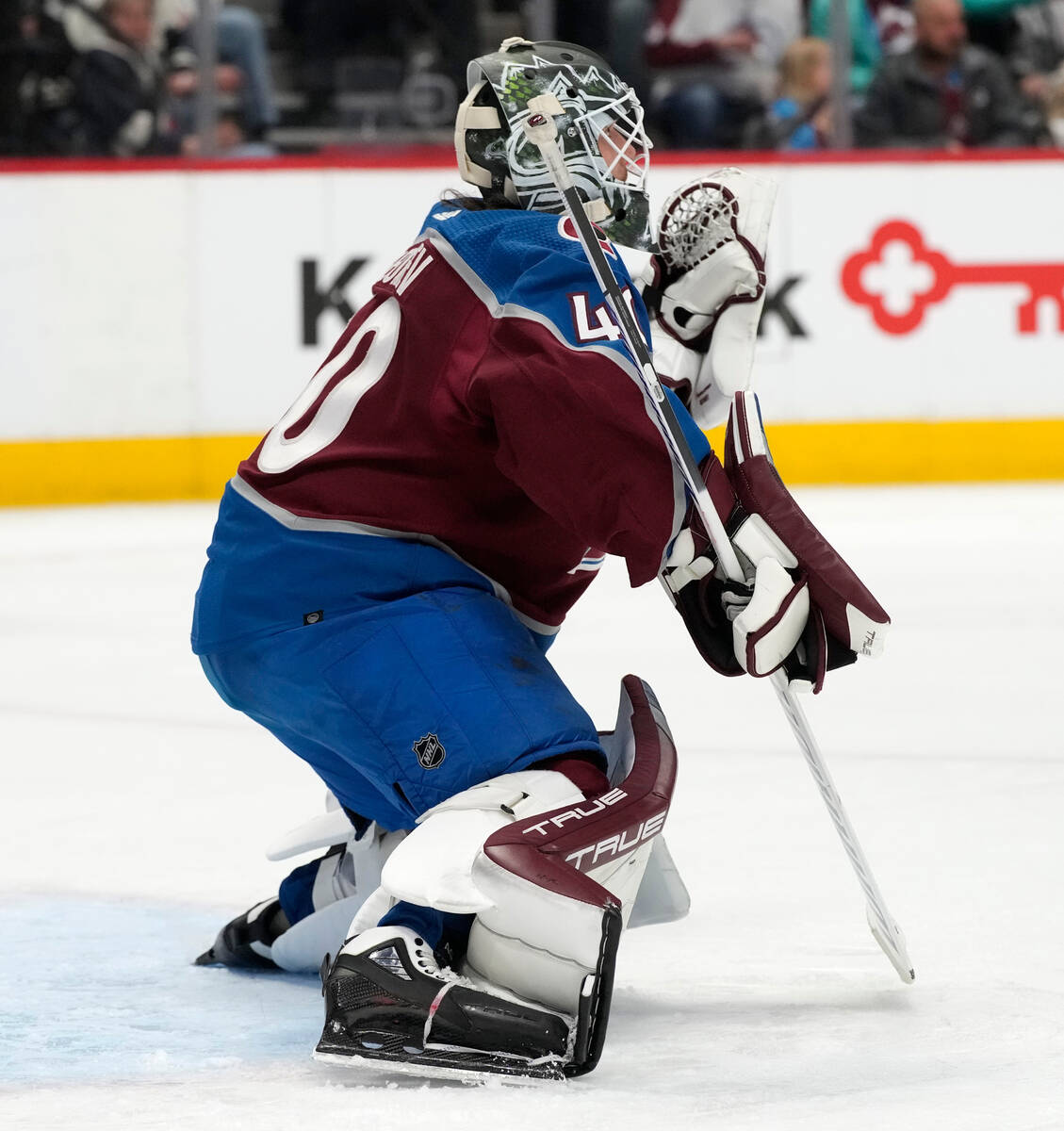 Colorado Avalanche goaltender Alexandar Georgiev makes a glove-save against the Vegas Golden Kn ...