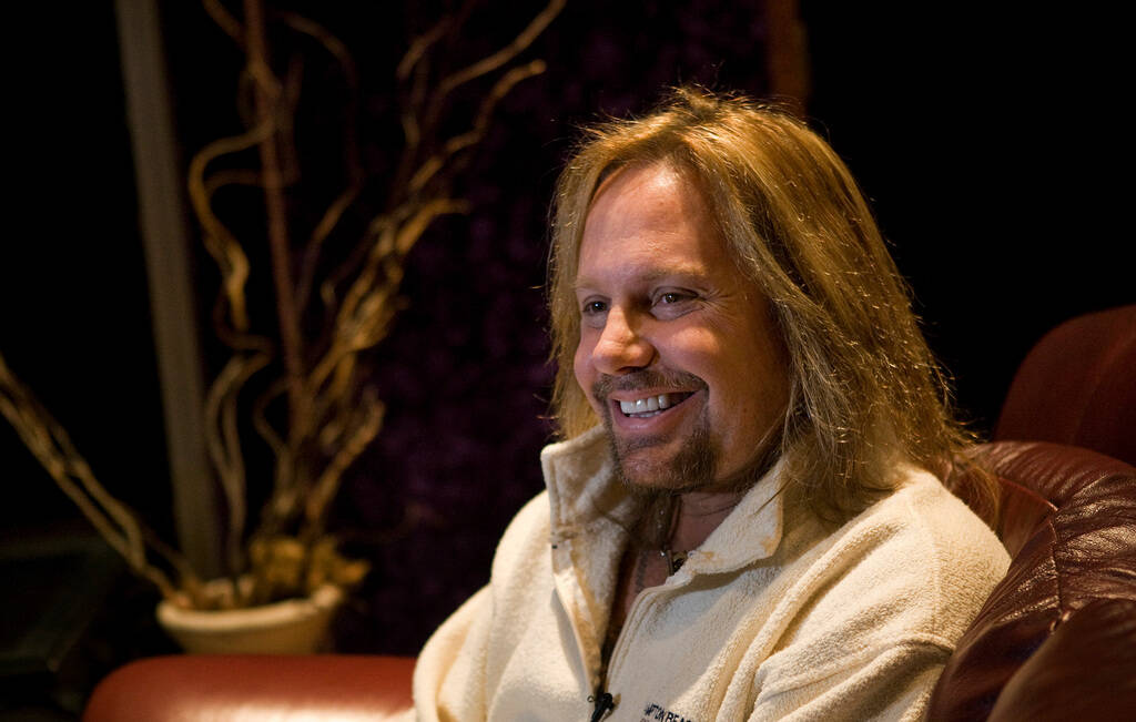 Mötley Crüe lead singer Vince Neil smiles during an interview at a Las Vegas recording studio ...