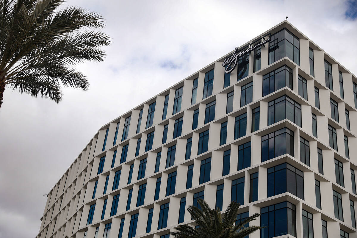 An office building with Wynn Resorts’ name at the top in Downtown Summerlin in Las Vegas ...