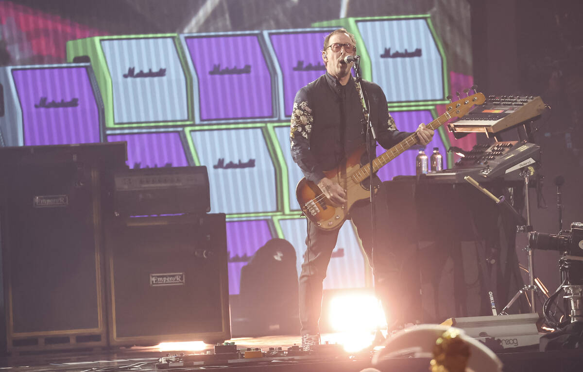 Scott Shriner of Weezer performs following the first round of the NFL draft on Thursday, April ...