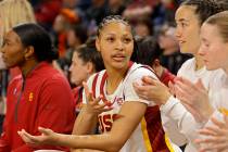 USC Trojans guard Taylor Bigby (1) talks with her teammates during the first half of an NCAA co ...