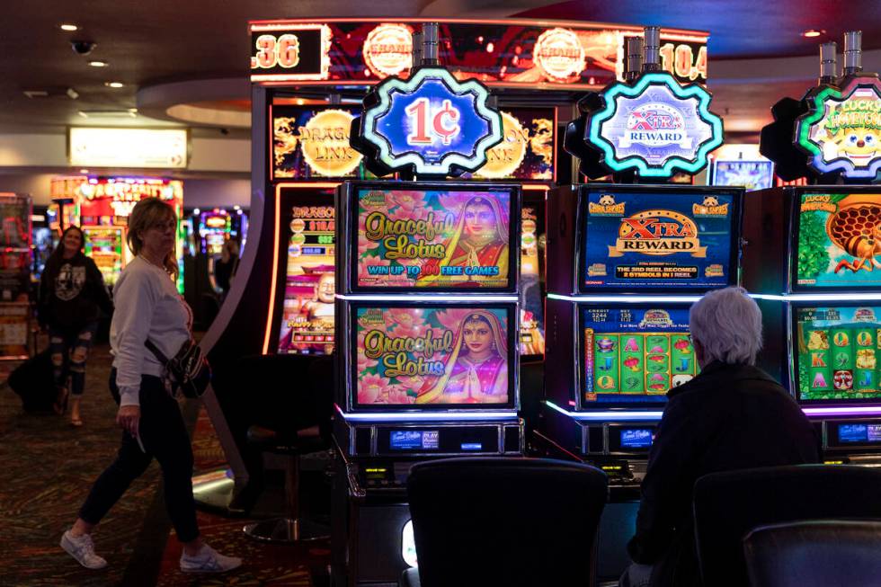 Guests mill about the casino floor at The Plaza on Thursday, March 2, 2023, in Las Vegas. The P ...