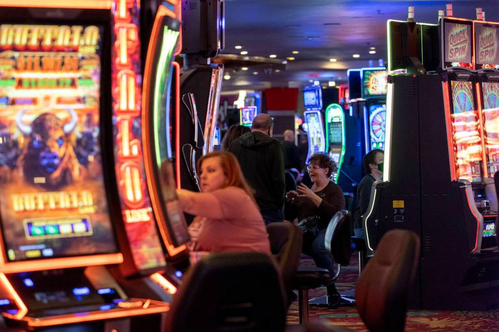 Guests mingle on the casino floor at The Plaza on Thursday, March 2, 2023, in Las Vegas. The Pl ...