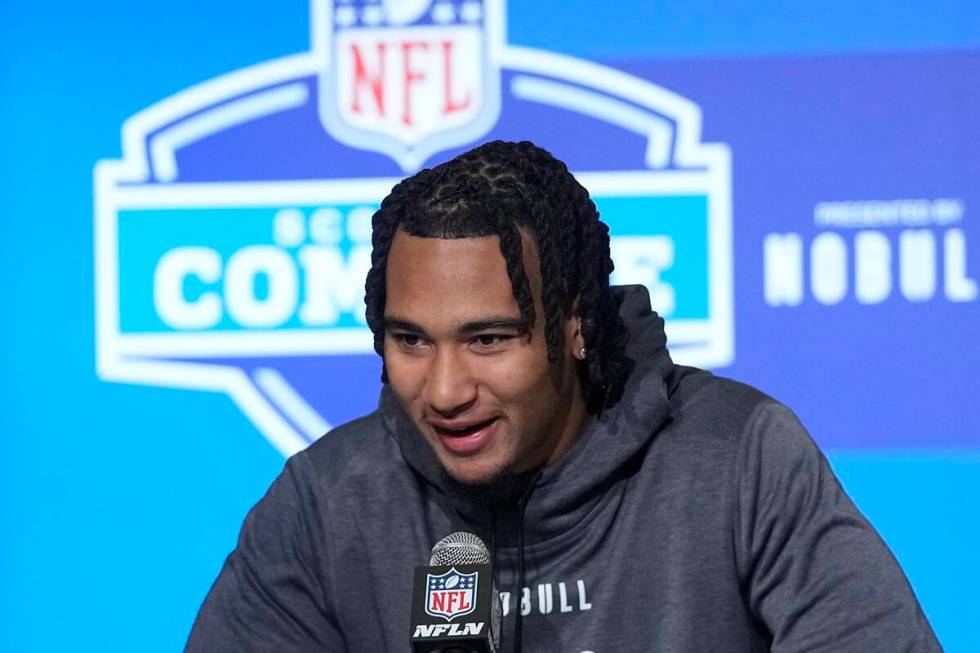 Ohio State quarterback CJ Stroud speaks during a news conference at the NFL football scouting c ...