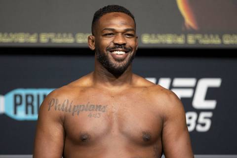 UFC heavyweight Jon Jones smiles during his weigh-in at the UFC Apex in Las Vegas on Friday, Ma ...
