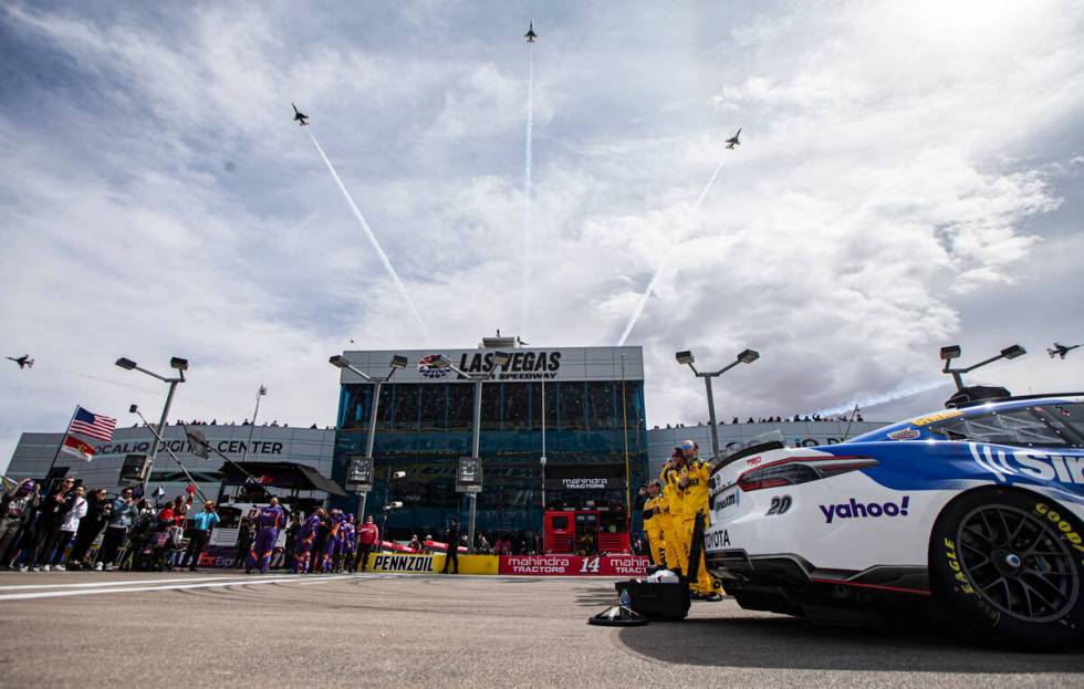 The U.S. Air Force Thunderbirds conduct a flyover before the Pennzoil 400 NASCAR Cup Series rac ...