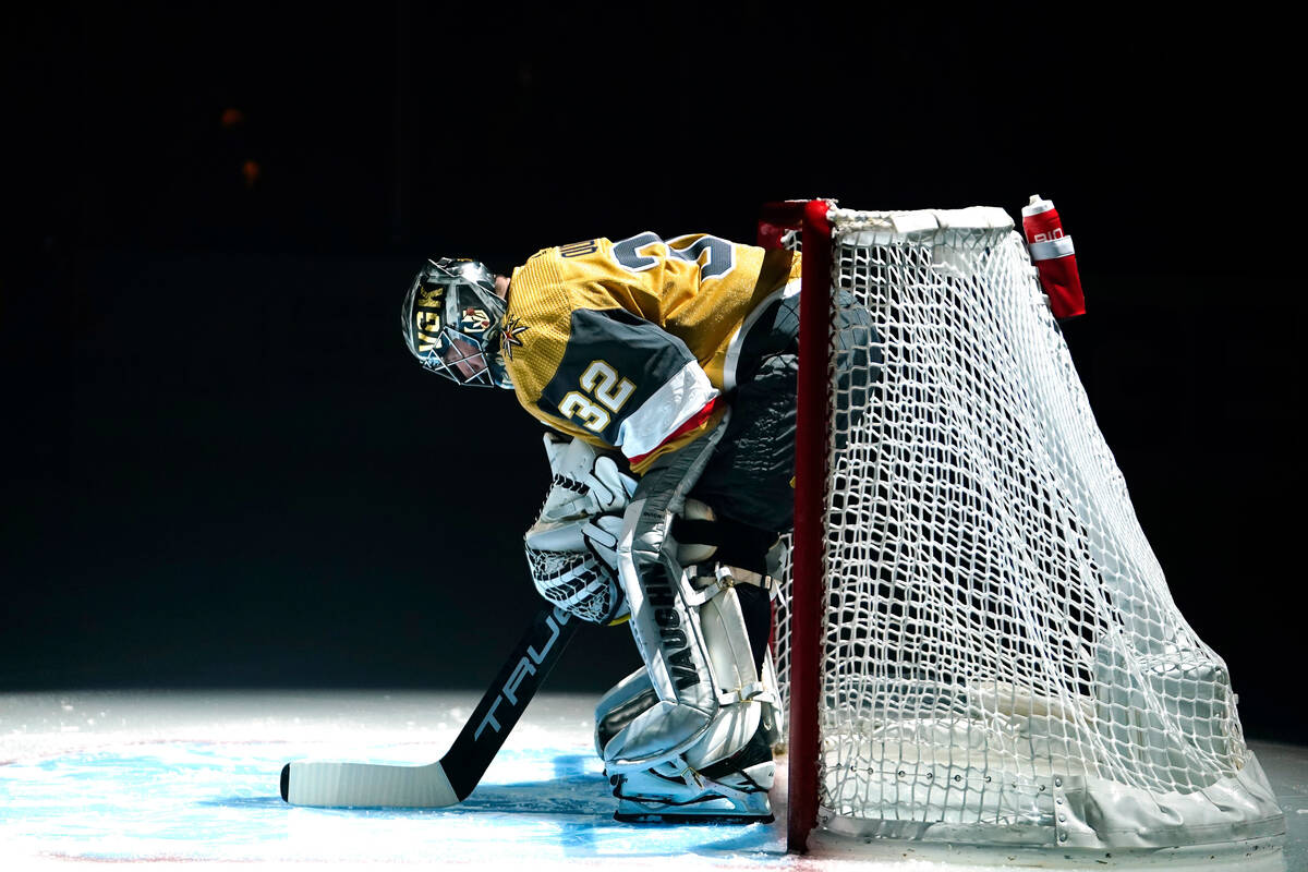 Vegas Golden Knights goaltender Jonathan Quick prepares prior to an NHL hockey game against the ...