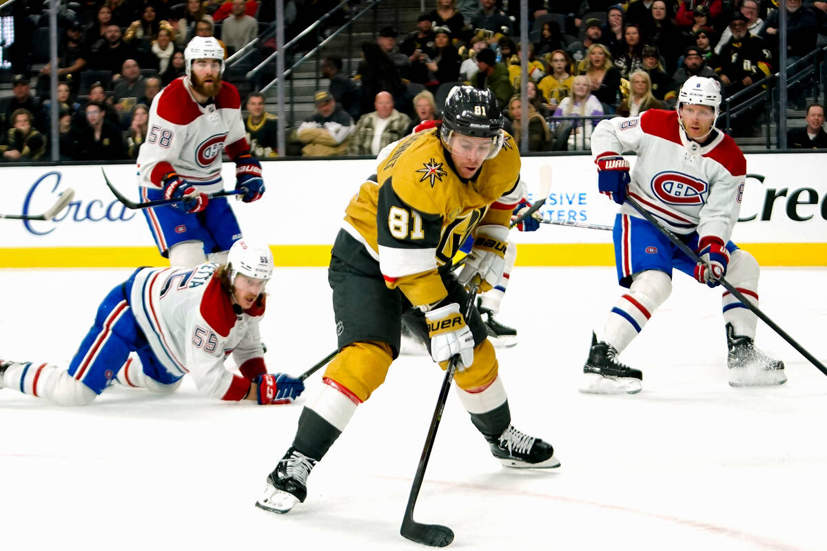 Vegas Golden Knights center Jonathan Marchessault (81) skates with the puck against the Montrea ...