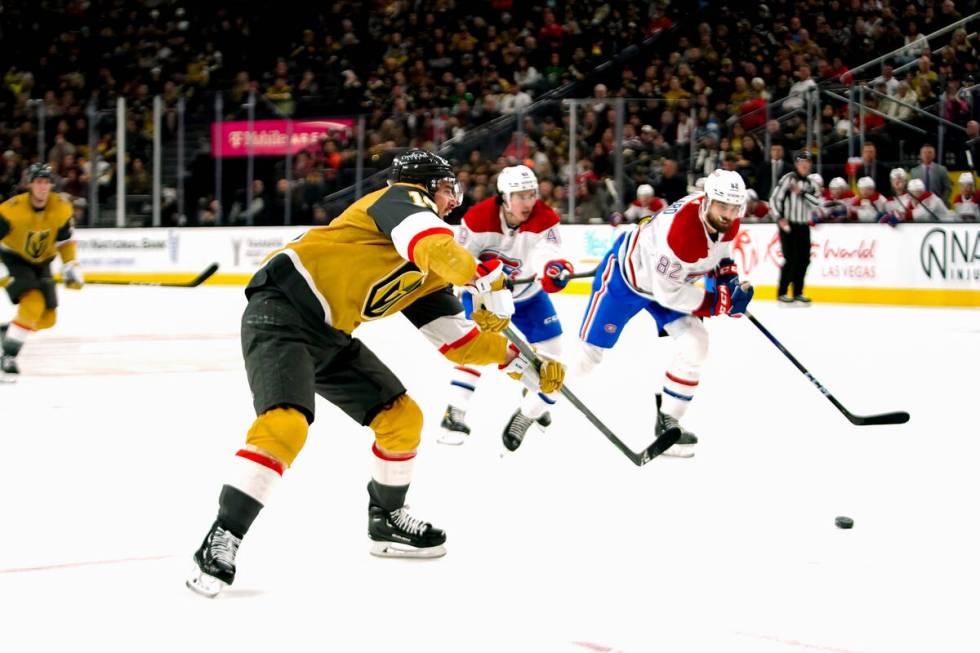 Vegas Golden Knights right wing Reilly Smith (19) shoots the puck during the second period of a ...