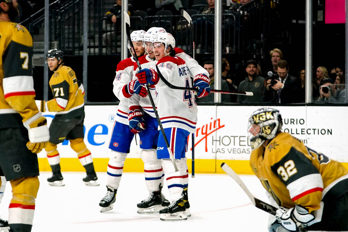 The Montreal Canadiens celebrate after scoring against the Vegas Golden Knights during the thir ...