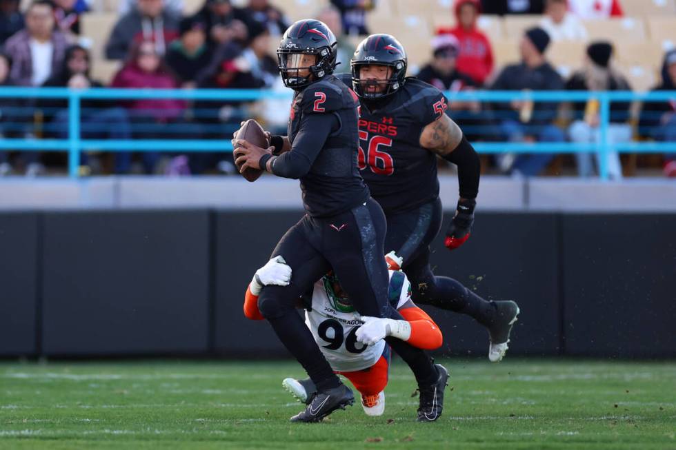 Seattle Sea Dragons defensive end Daniel Joseph (96) sacks Vegas Vipers quarterback Brett Hundl ...