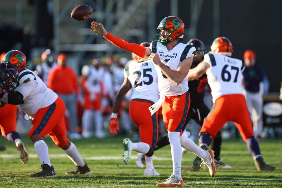 Seattle Sea Dragons quarterback Ben DiNucci (6) throws a pass during the first half of a XFL fo ...