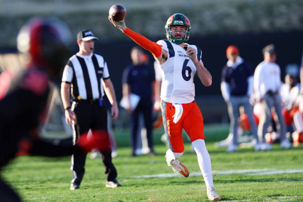 Seattle Sea Dragons quarterback Ben DiNucci (6) throws a pass during the first half of a XFL fo ...