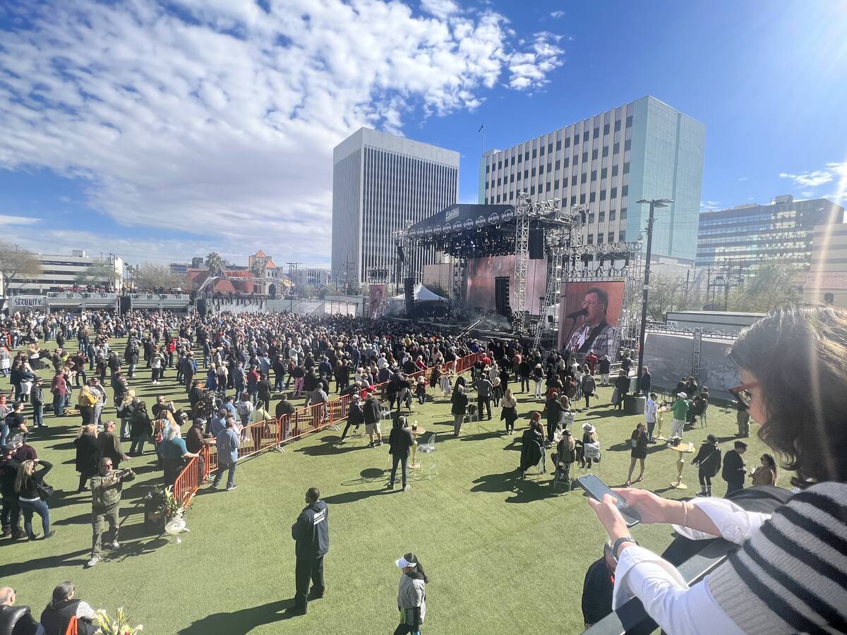 The crowd is shown at the Jim Irsay Collection memorabilia exhibit and rock concert at Downtown ...