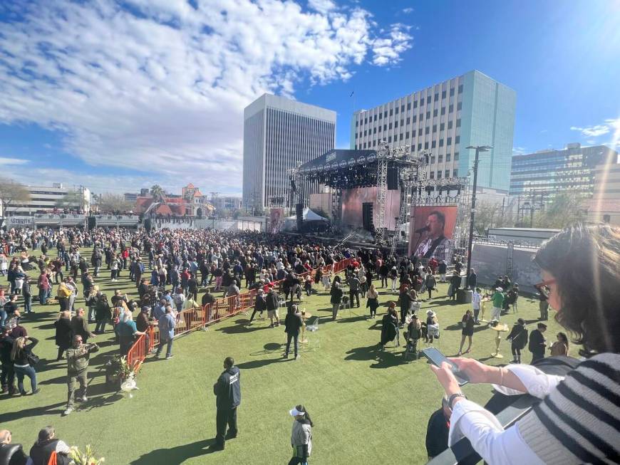 The crowd is shown at the Jim Irsay Collection memorabilia exhibit and rock concert at Downtown ...