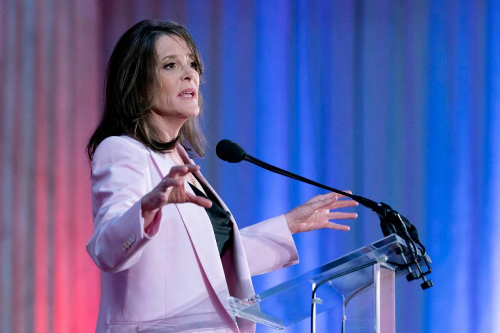 Self-help author Marianne Williamson speaks to the crowd as she launches her 2024 presidential ...