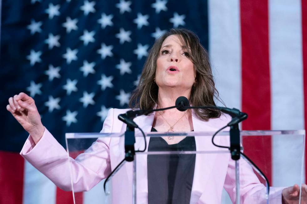 Self-help author Marianne Williamson speaks to the crowd as she launches her 2024 presidential ...