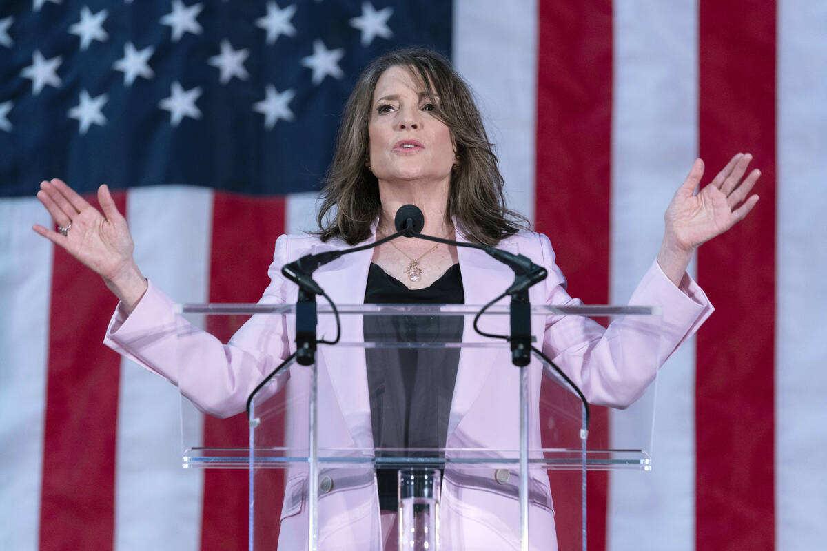 Self-help author Marianne Williamson speaks to the crowd as she launches her 2024 presidential ...