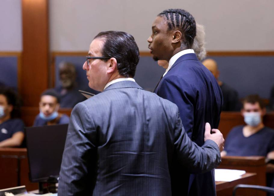 Former Raiders player Henry Ruggs, right, appears in court with one of his attorneys, Richard S ...