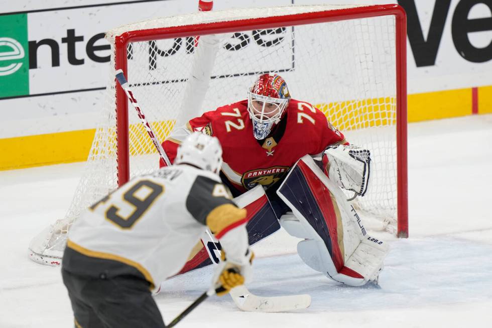 Vegas Golden Knights center Ivan Barbashev (49) attempts a shot at Florida Panthers goaltender ...