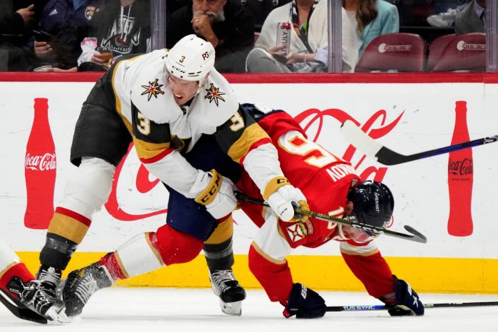 Vegas Golden Knights defenseman Brayden McNabb (3) and Florida Panthers center Aleksander Barko ...