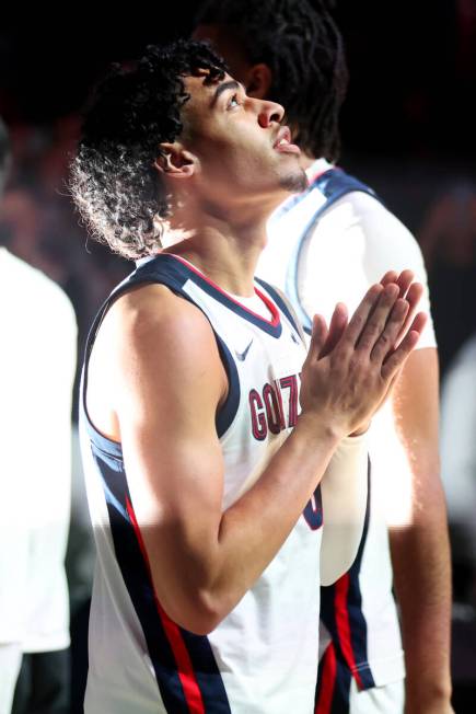 Gonzaga Bulldogs guard Julian Strawther (0) is introduced before the start of a West Coast Conf ...