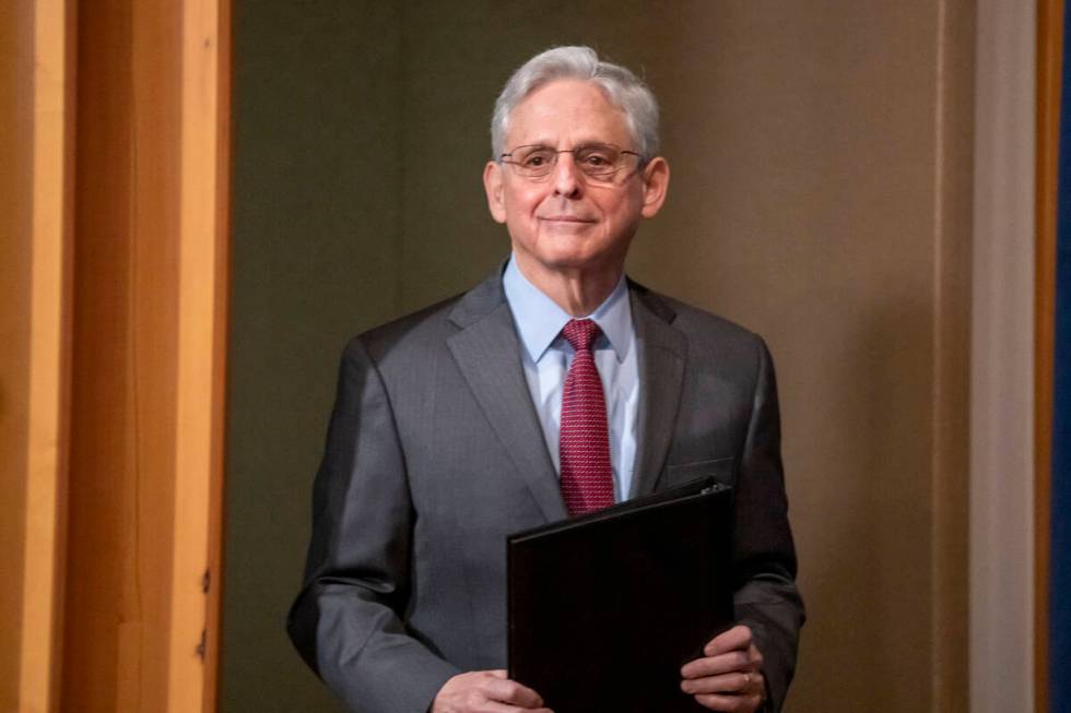 Attorney General Merrick Garland arrives to speak during a news conference Tuesday, March 7, 20 ...