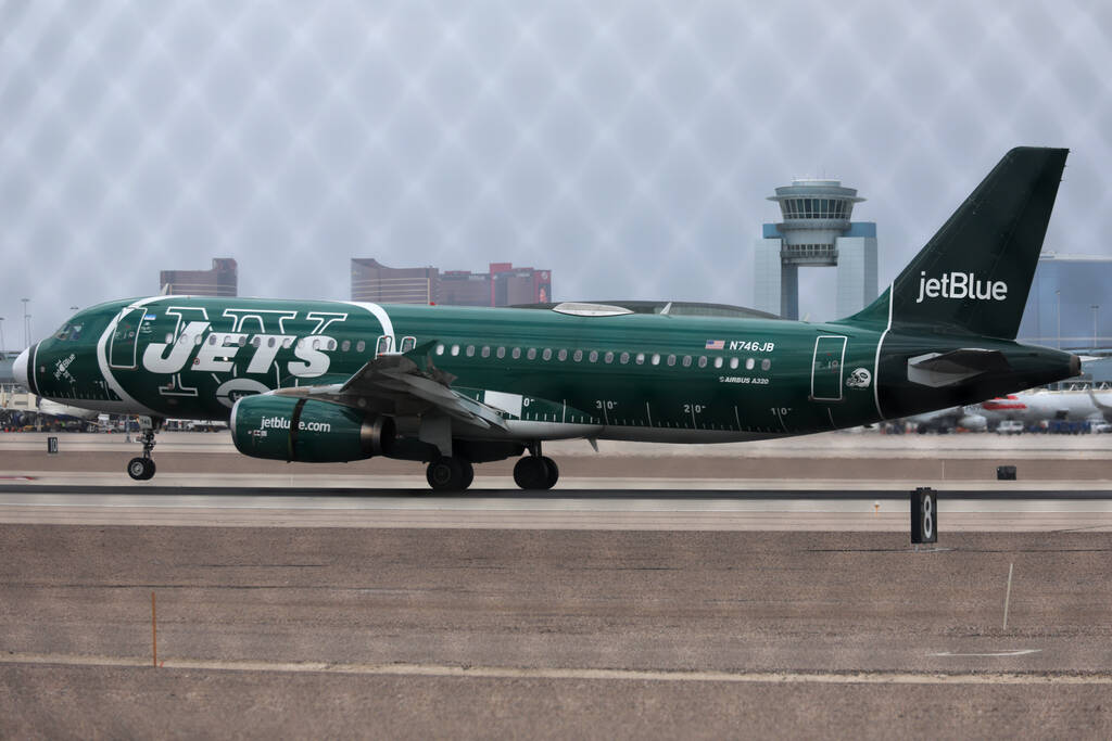 A JetBlue plane arrives at Harry Reid International Airport in Las Vegas on Tuesday, Feb. 14, 2 ...