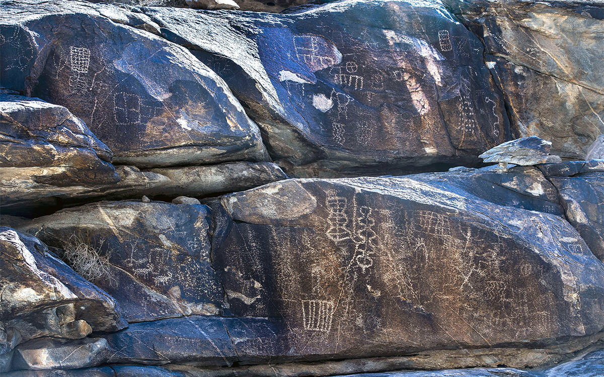 Native American petroglyphs line the rock walls along the canyon bottom in Hiko Springs within ...