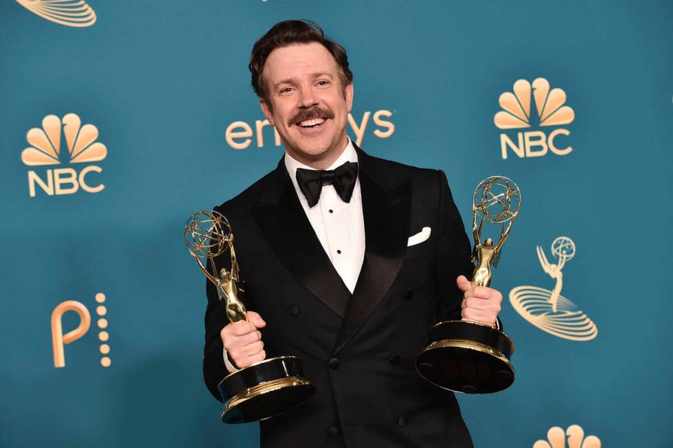 Jason Sudeikis poses with the Emmy for outstanding lead actor in a comedy series for "Ted ...