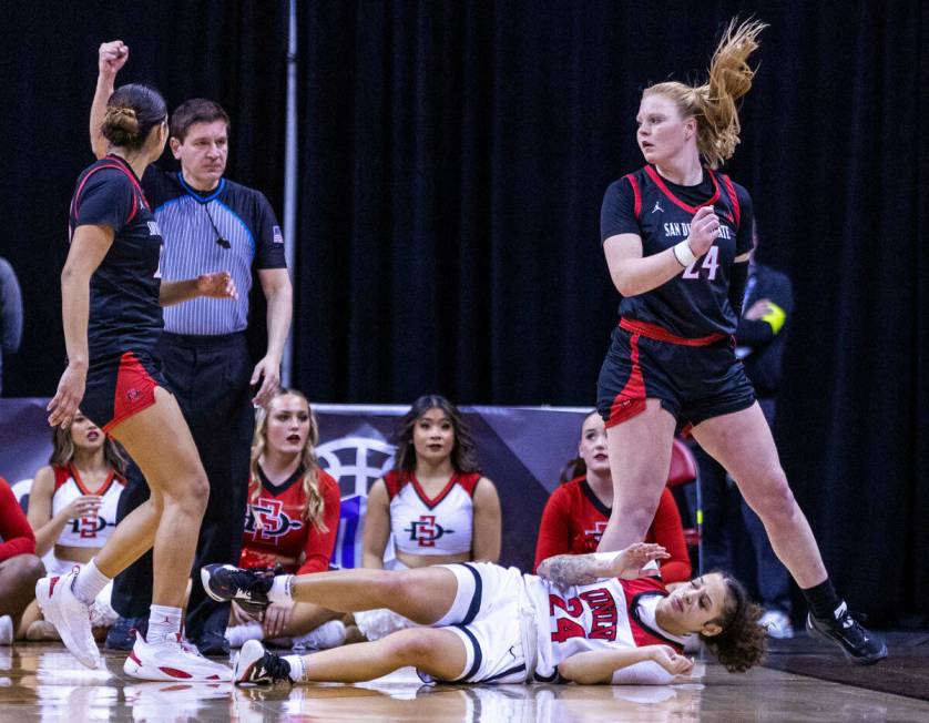 UNLV guard Essence Booker (24) is fouled late by San Diego State guard Abby Prohaska (24) durin ...