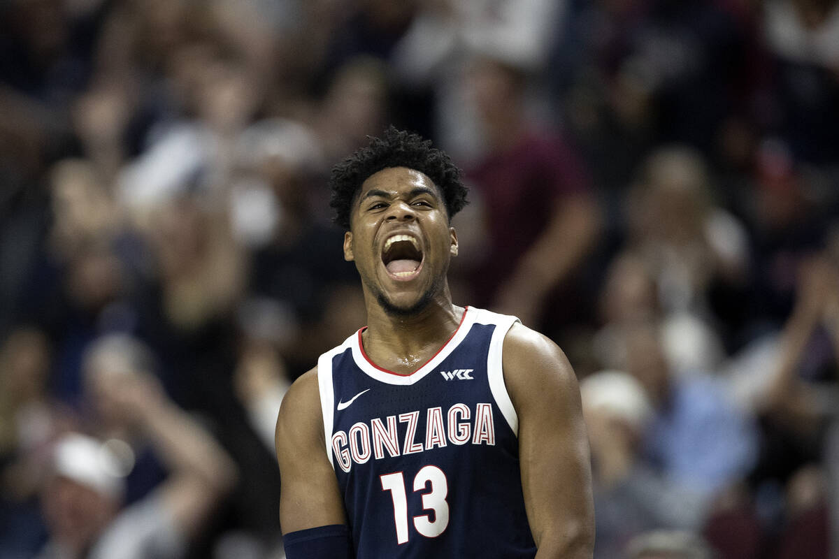 Gonzaga Bulldogs guard Malachi Smith (13) celebrates after scoring a three-pointer during the s ...