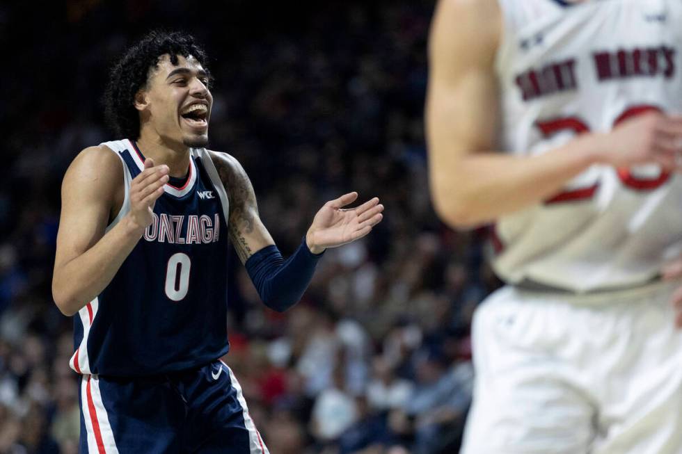 Gonzaga Bulldogs guard Julian Strawther (0) celebrates a point during a West Coast Conference m ...