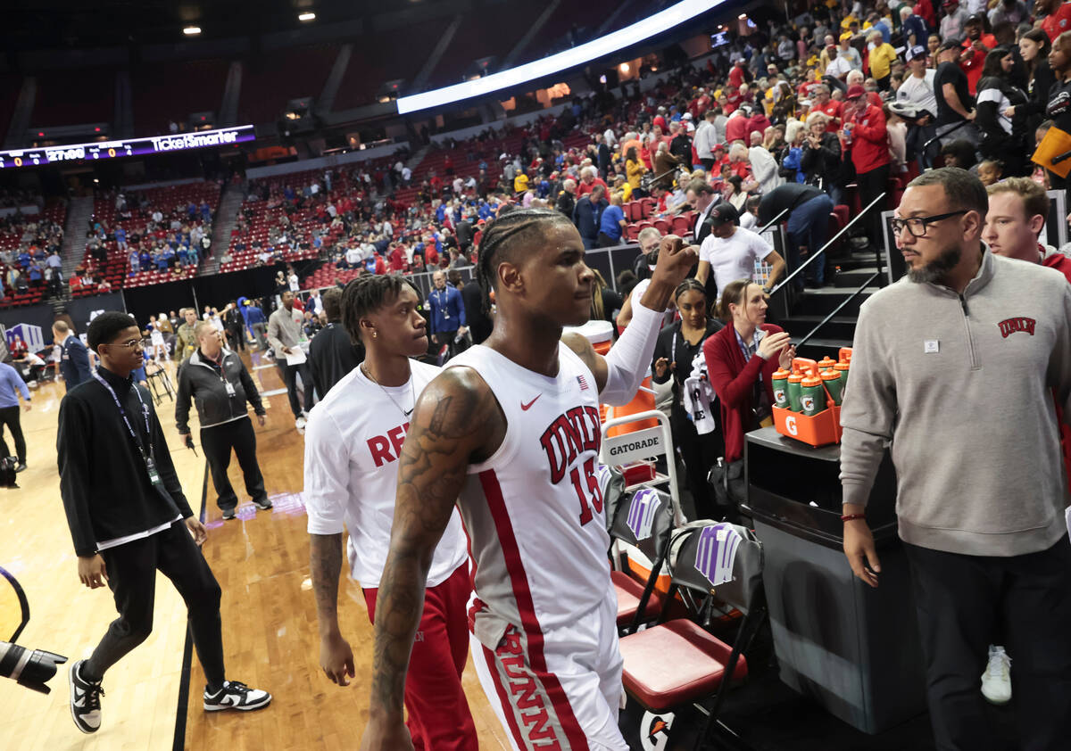 UNLV guard Luis Rodriguez (15) motions to fans after defeating Air Force in in the opening roun ...