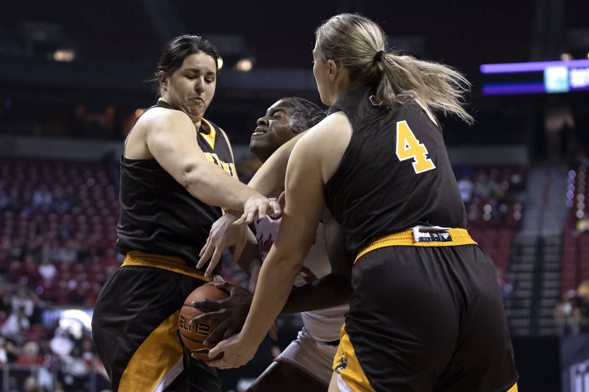 during the first half of a Mountain West championship game at the Thomas & Mack Center on W ...