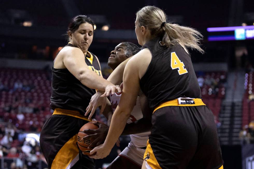 during the first half of a Mountain West championship game at the Thomas & Mack Center on W ...