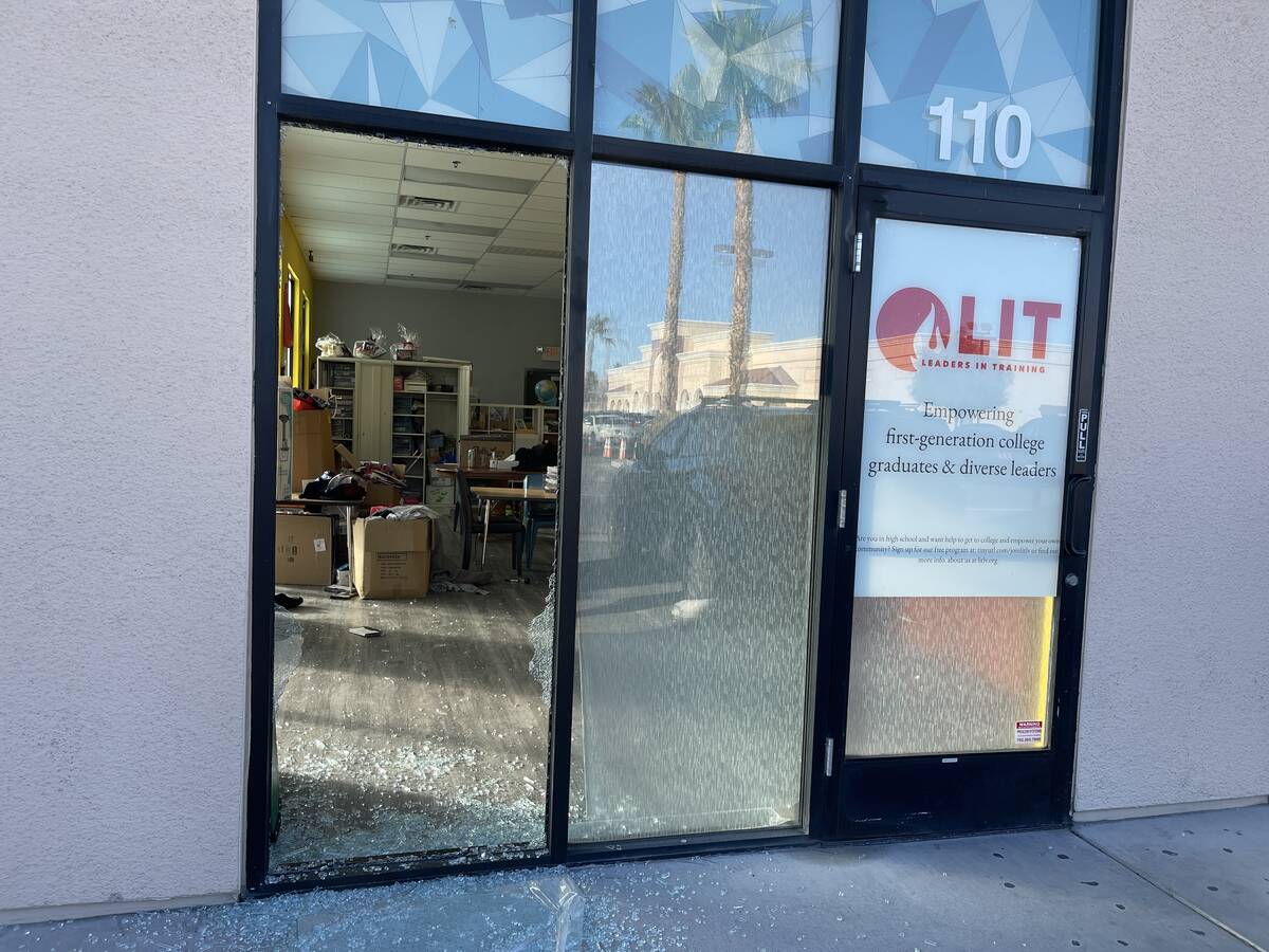 A window left shattered after a burglary at Leaders in Training, January 2023. (courtesy)